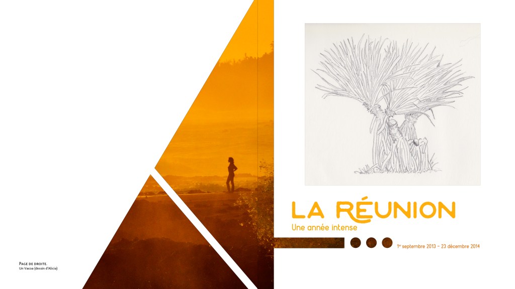 Pages d'ouverture La Réunion, Une année intense 270 pages, 20x22,5 cm, 2019 (textes autobiographiques ainsi que documentaires, photographies, dessins et maquette réalisés par mes soins)