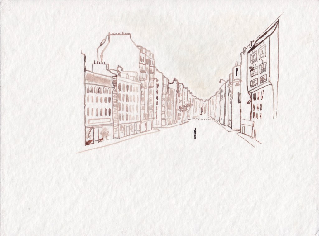 Marcher dans la ville, 2007.  Aquarelle