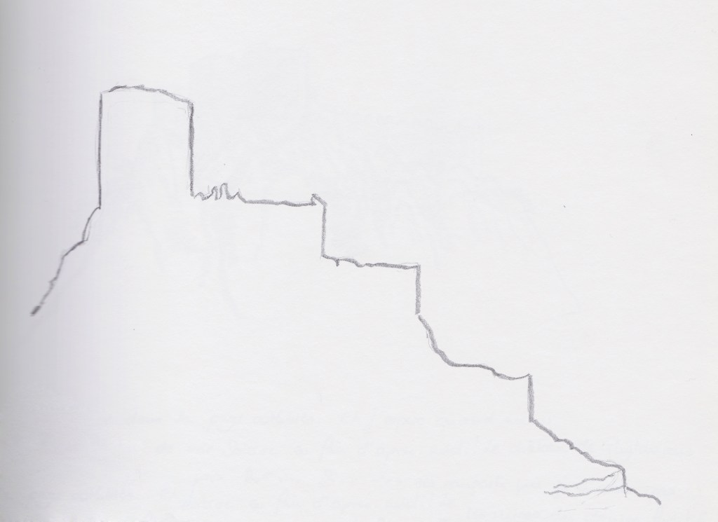 Silhouette du chateau de Quéribus dans les nuages, 2012. Crayon